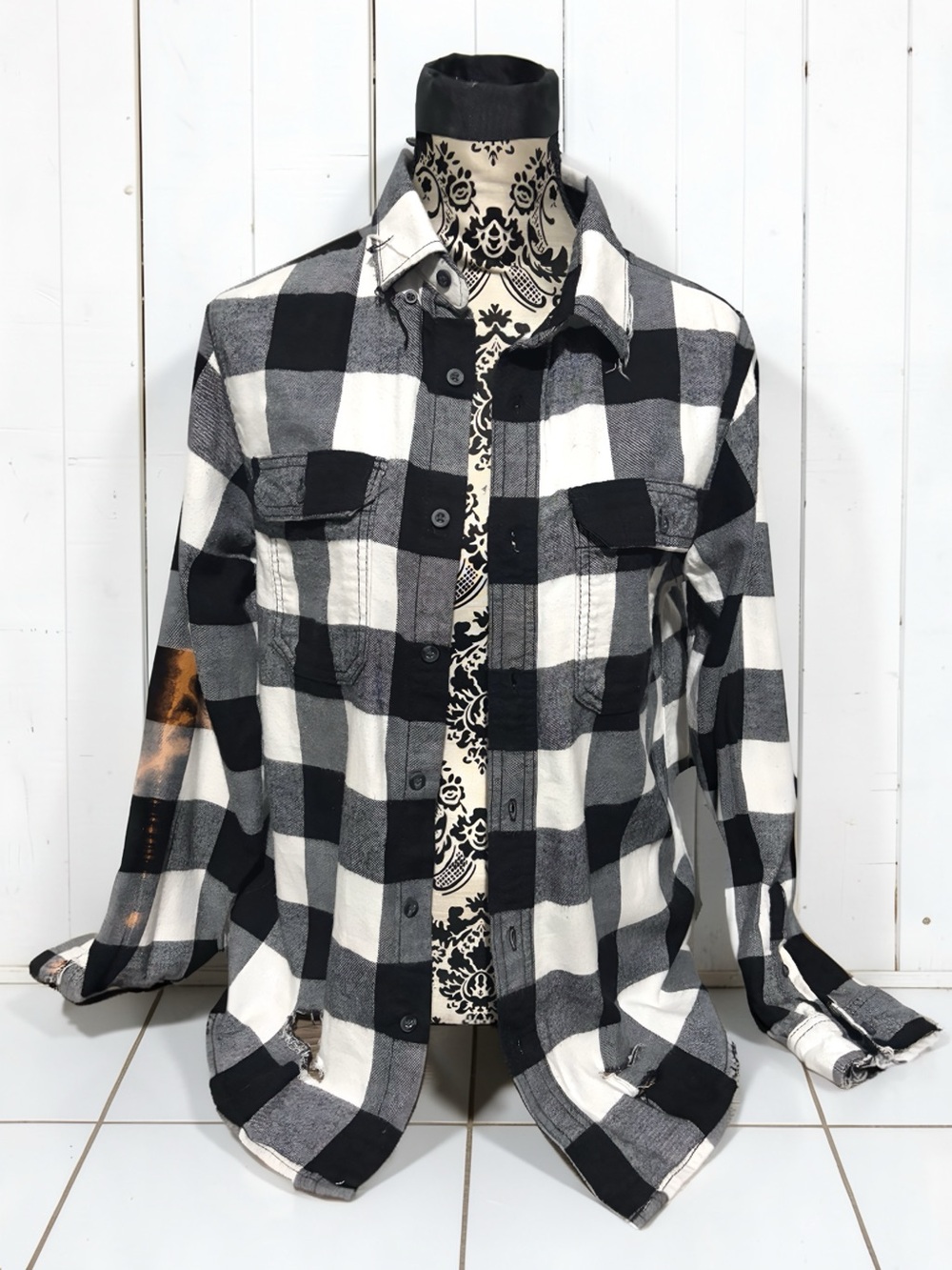 Distressed black and white flannel